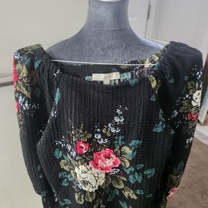 LOFT Black Blouse with Floral Accents